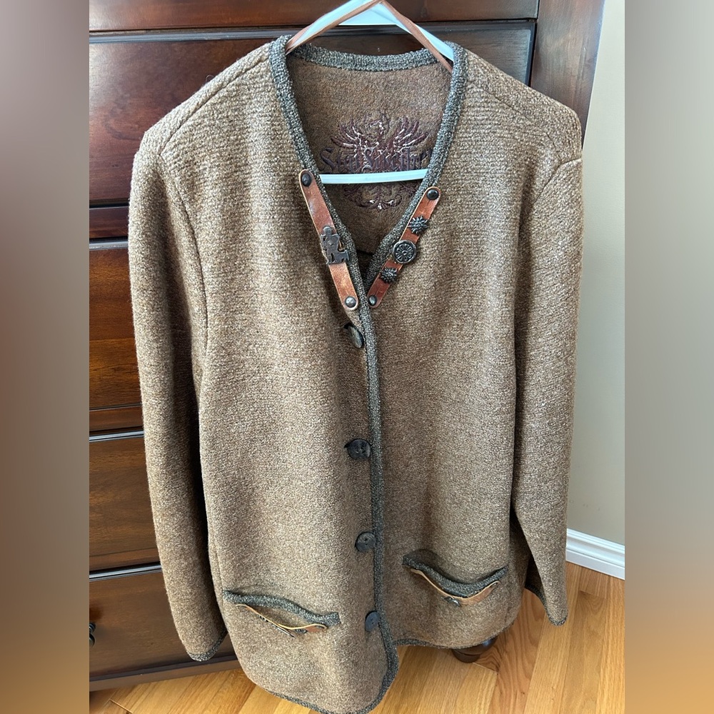 Chic Brown Cardigan with Leather Trim